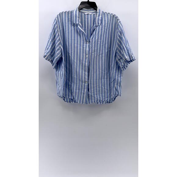 UNIQLO Women's Blue-White Striped Linen-Blend Button-Up Open-Collar Top SZ XL - Picture 1 of 10